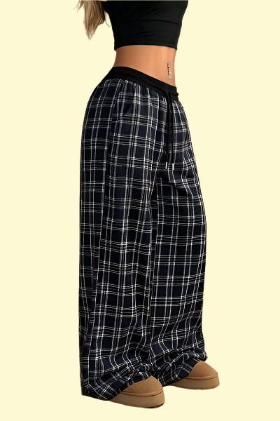 Black Checkered Wide-Leg Trousers