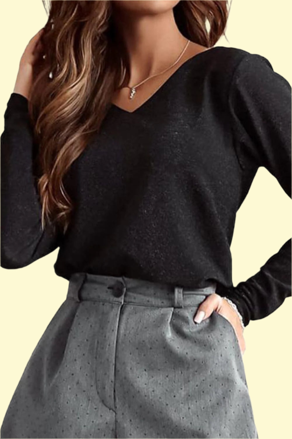 Black V-neck blouse with long sleeves