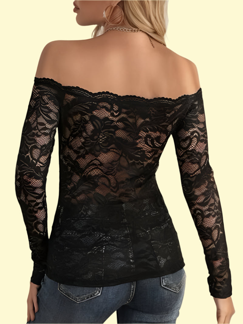 Black lace blouse with off-shoulder design