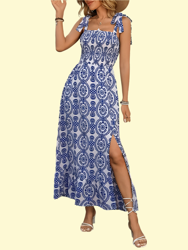 Blue Printed Maxi Dress with Slit