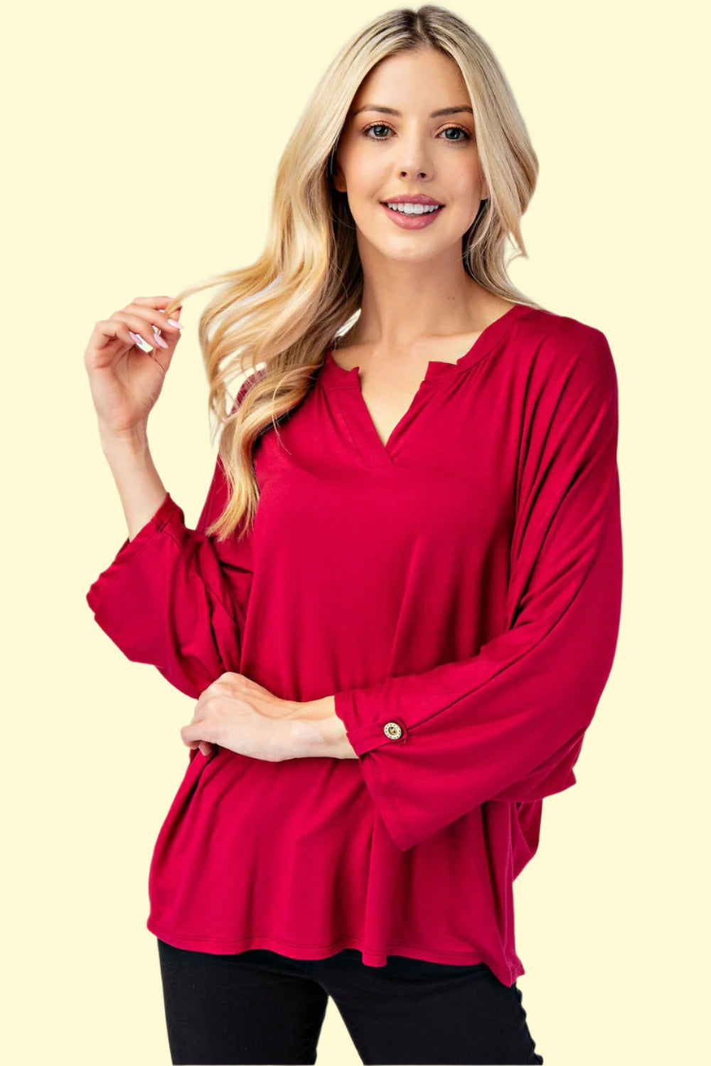 Burgundy notched three-quarter sleeve blouse