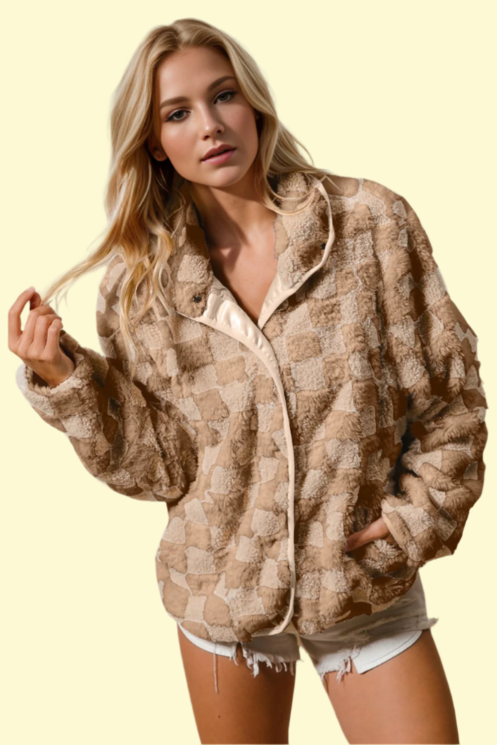 Camel checkered fuzzy jacket for winter 