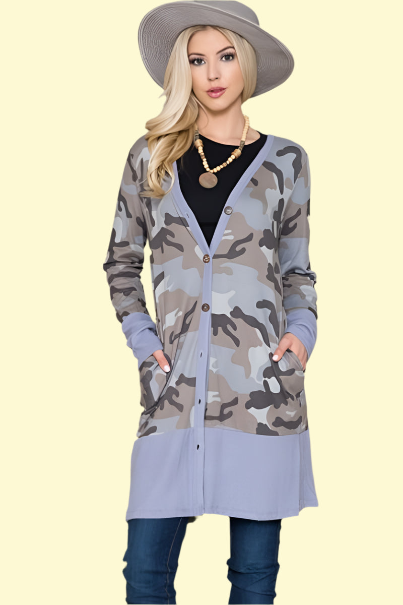 Camouflage button-up cardigan for women