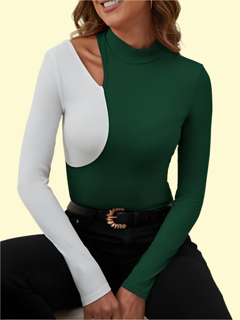 Dark green contrast mock neck cutout top