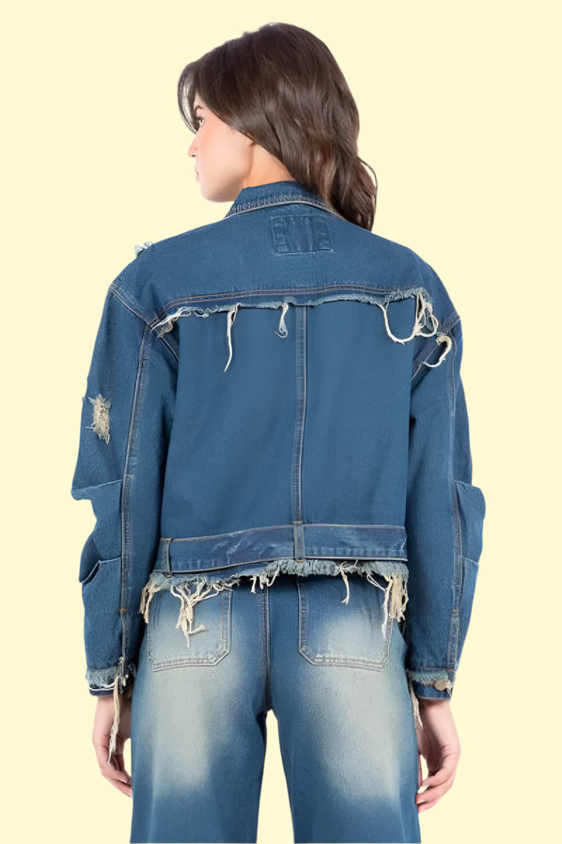 Edgy distressed denim jacket streetwear