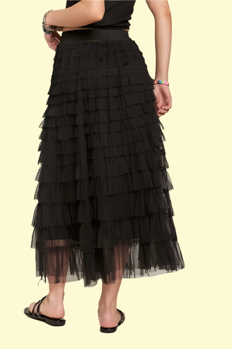 Elastic waist black mesh midi skirt