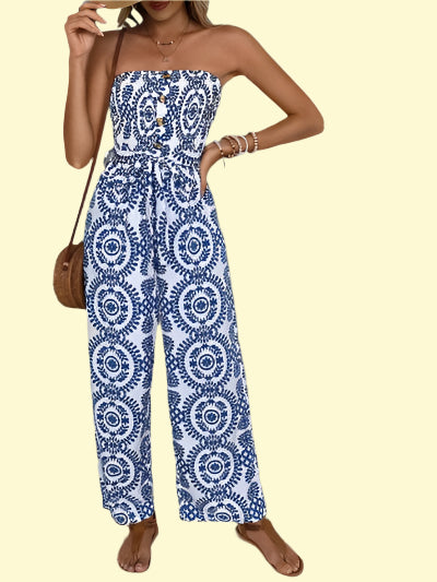 Elegant Blue Tube Jumpsuit with Smocked Top