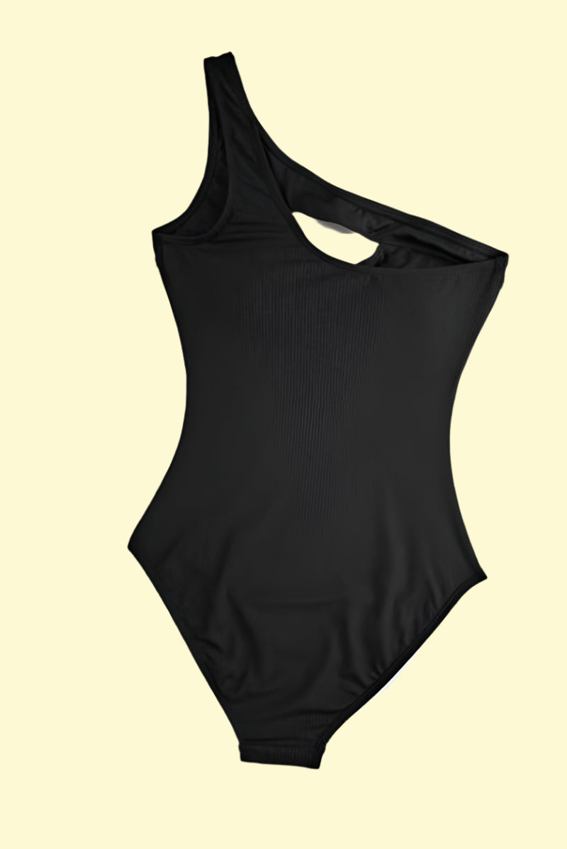 Figure-hugging black one-piece swimsuit