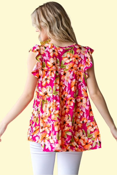 Flowy Butterfly Sleeve Floral Tiered Blouse