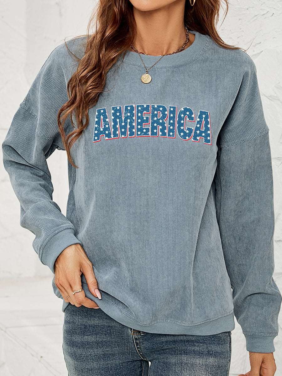 French Blue AMERICA Graphic Dropped Shoulder Sweatshirt