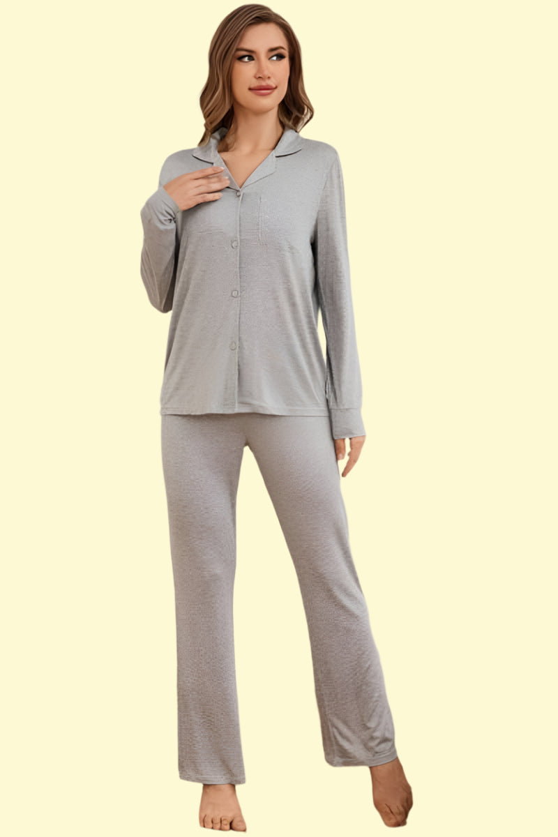 Gray Two-Piece Pajama Set with Long Sleeves