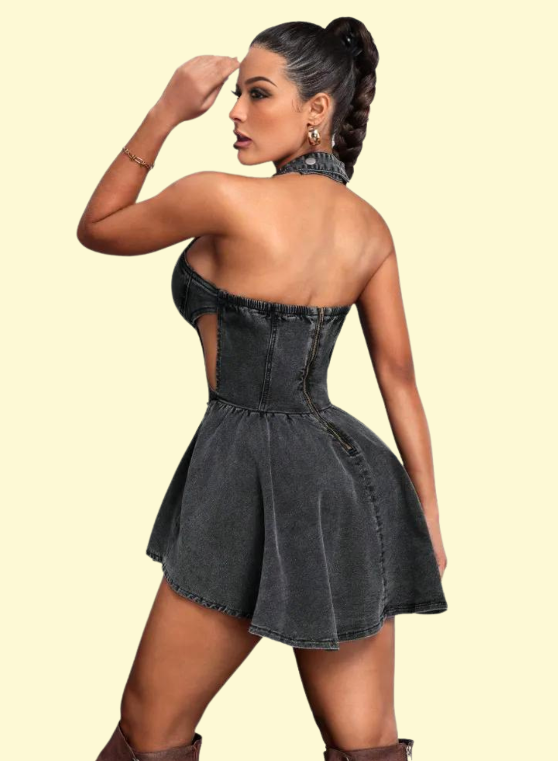 High-Stretch Black Denim Halter Dress