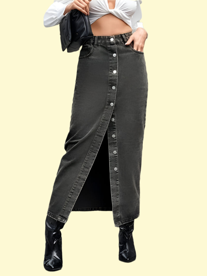 High-rise button-up denim skirt for women