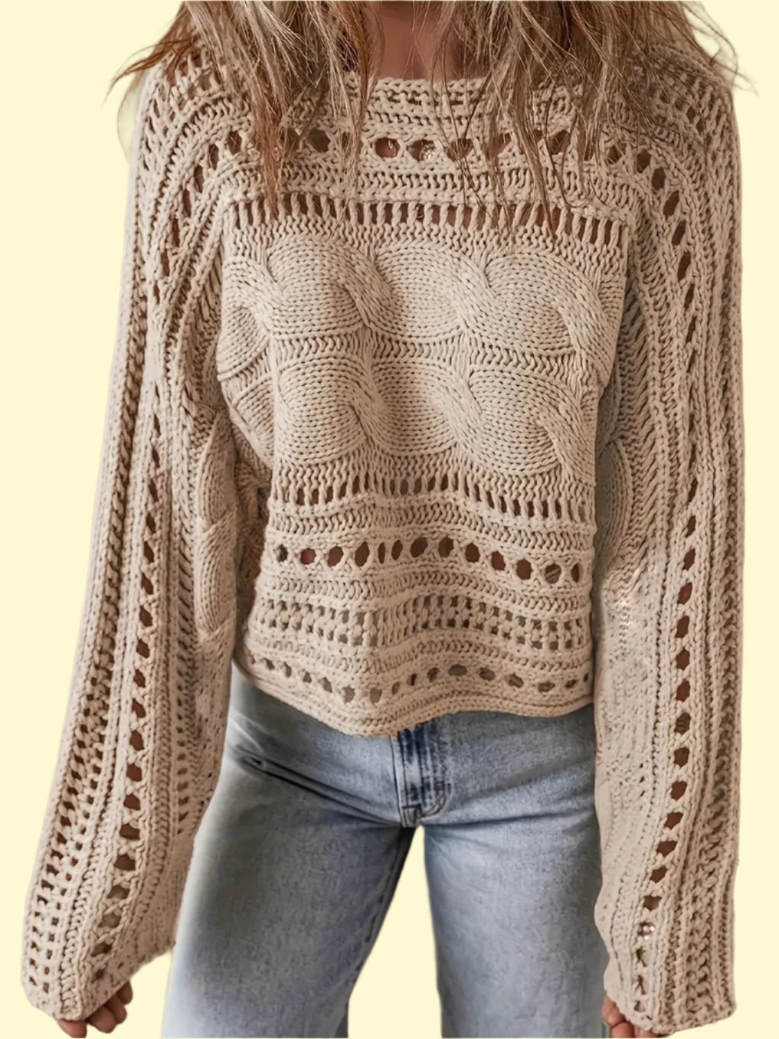 Hollow Out Cable-Knit Sweater in Tan