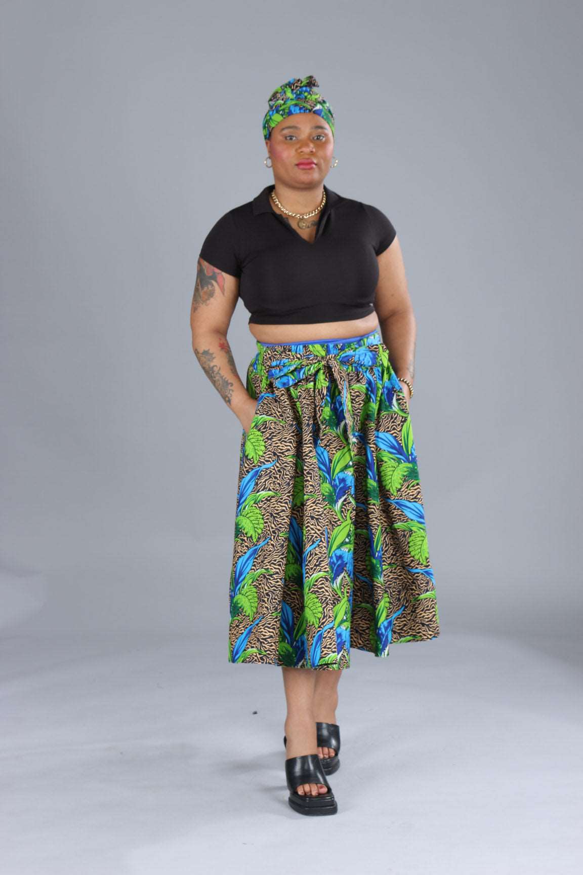 African Green Abstract Printed Maxi Flared Skirt