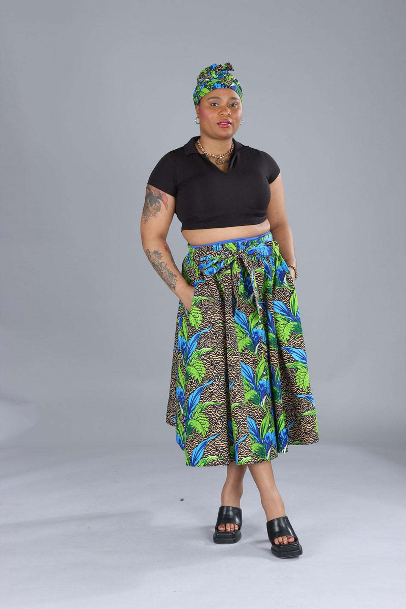 African Green Abstract Printed Maxi Flared Skirt