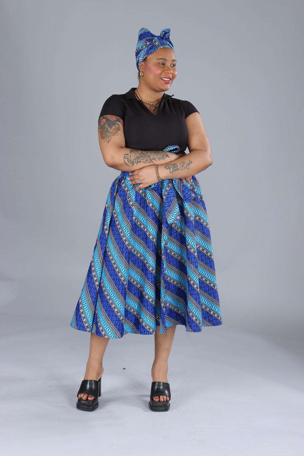 African Blue Striped Printed Maxi Flared Skirt