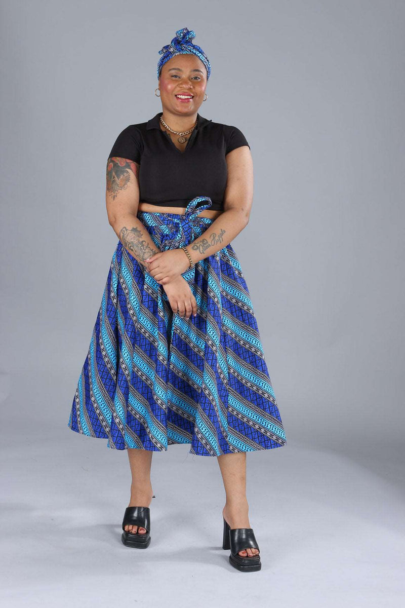 African Blue Striped Printed Maxi Flared Skirt