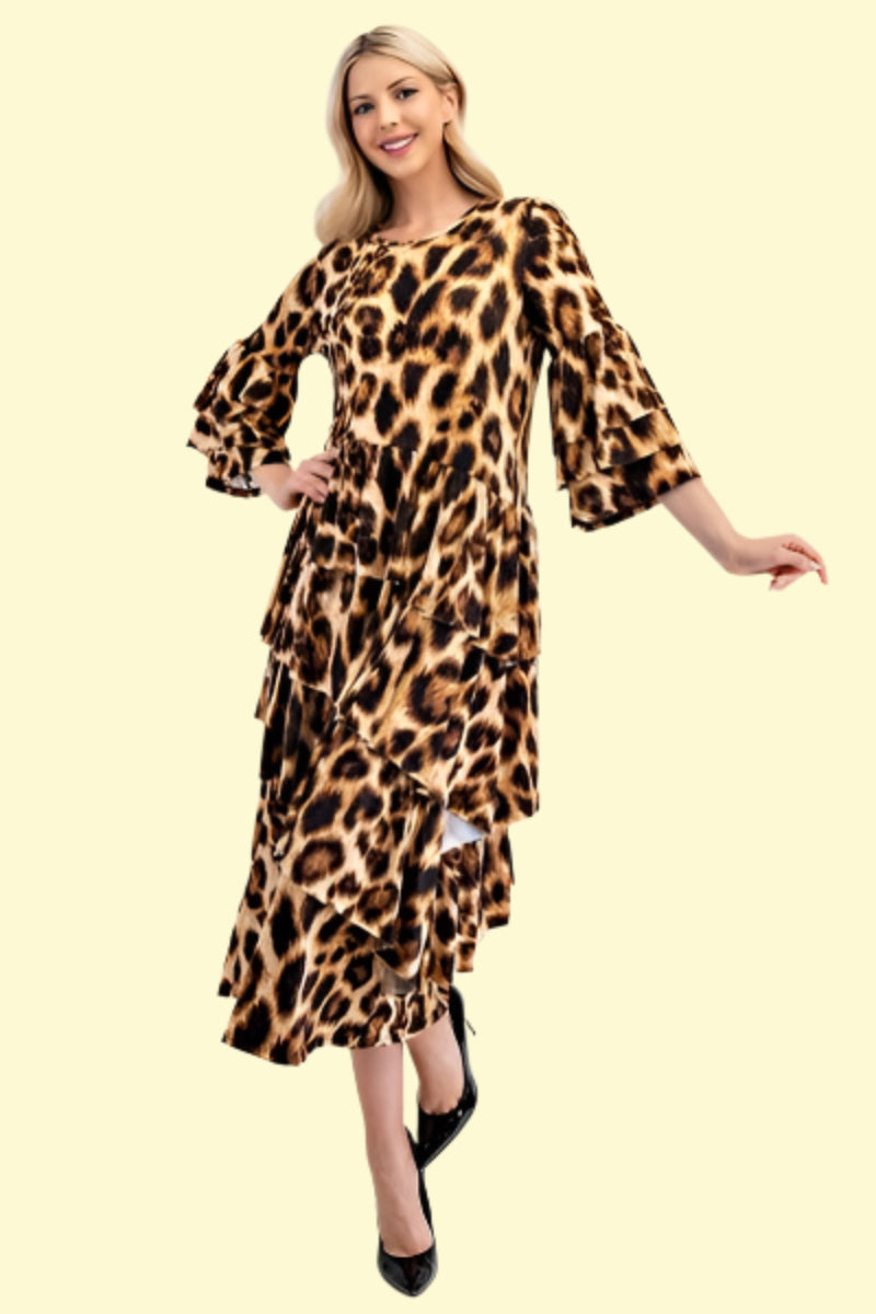 Leopard print asymmetrical ruffle midi dress