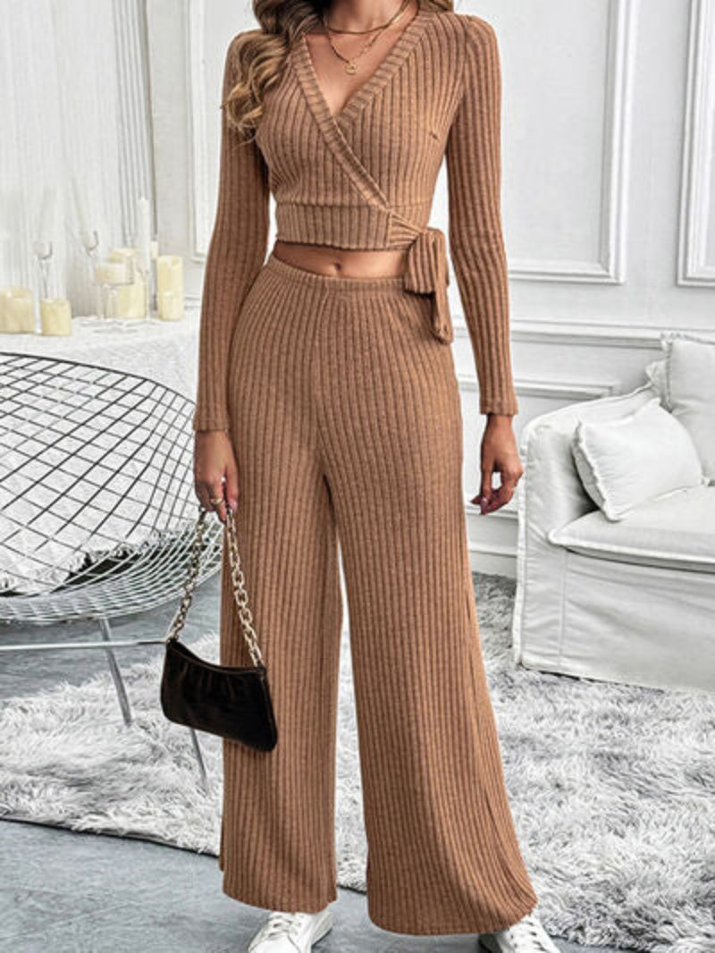 Long Sleeve Tied Waist Top with Pants