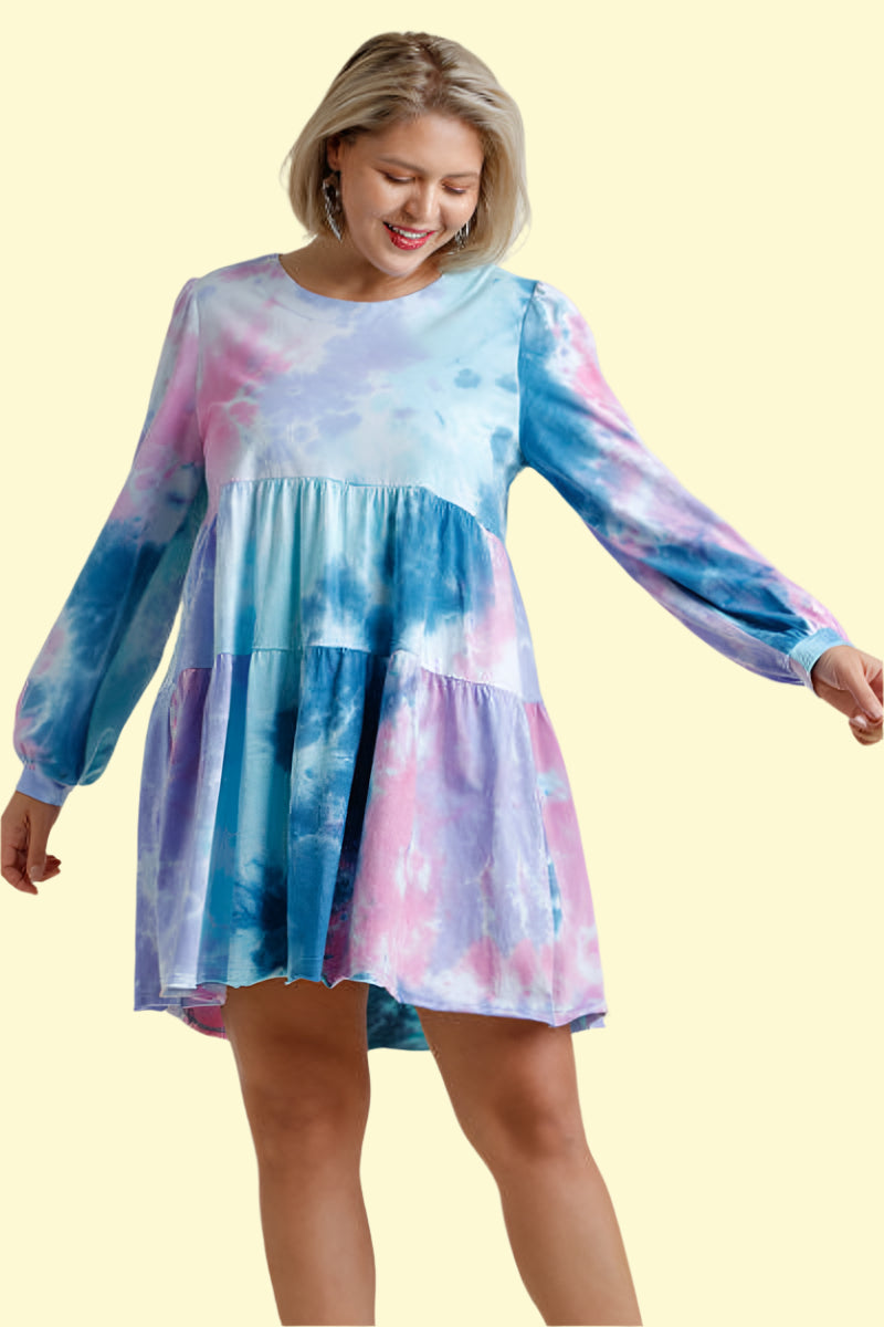 Long sleeve cotton tie-dye mini dress