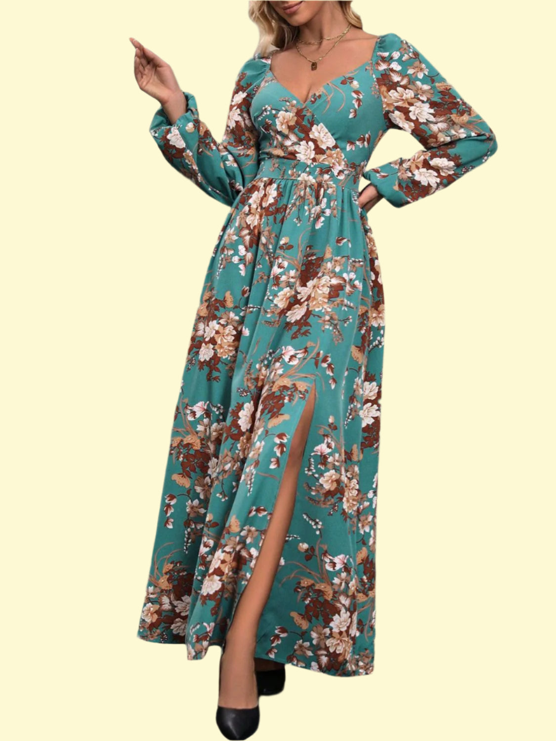 Long sleeve printed slit dress