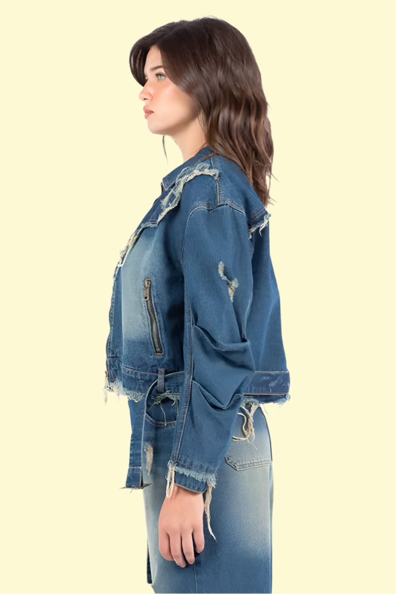 Medium-wash frayed hem zip-up jacket