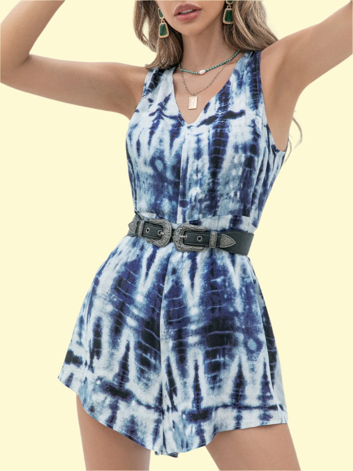 Peacock blue tie dye V-neck romper