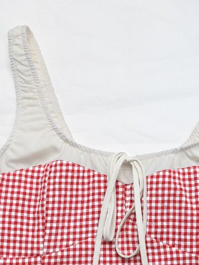 Playful Red Checkered Square Neck Top