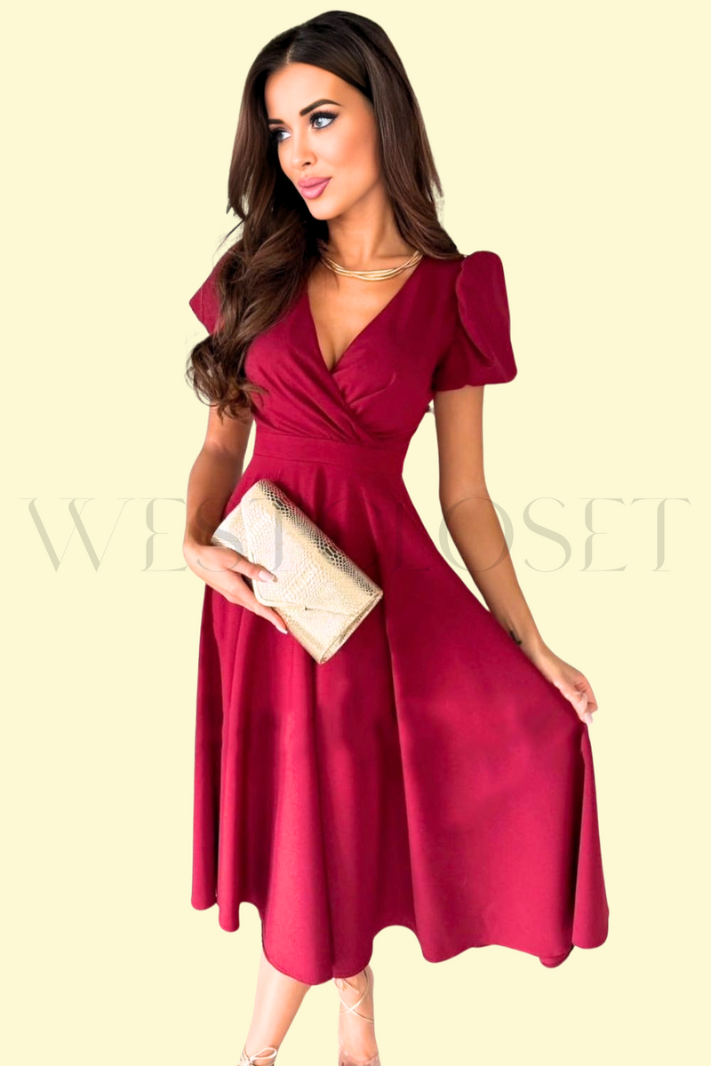 Puff Sleeve Midi Dress in Burgundy