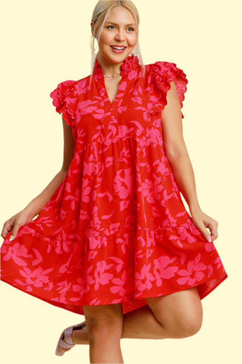 Red romantic ruffle dress for women