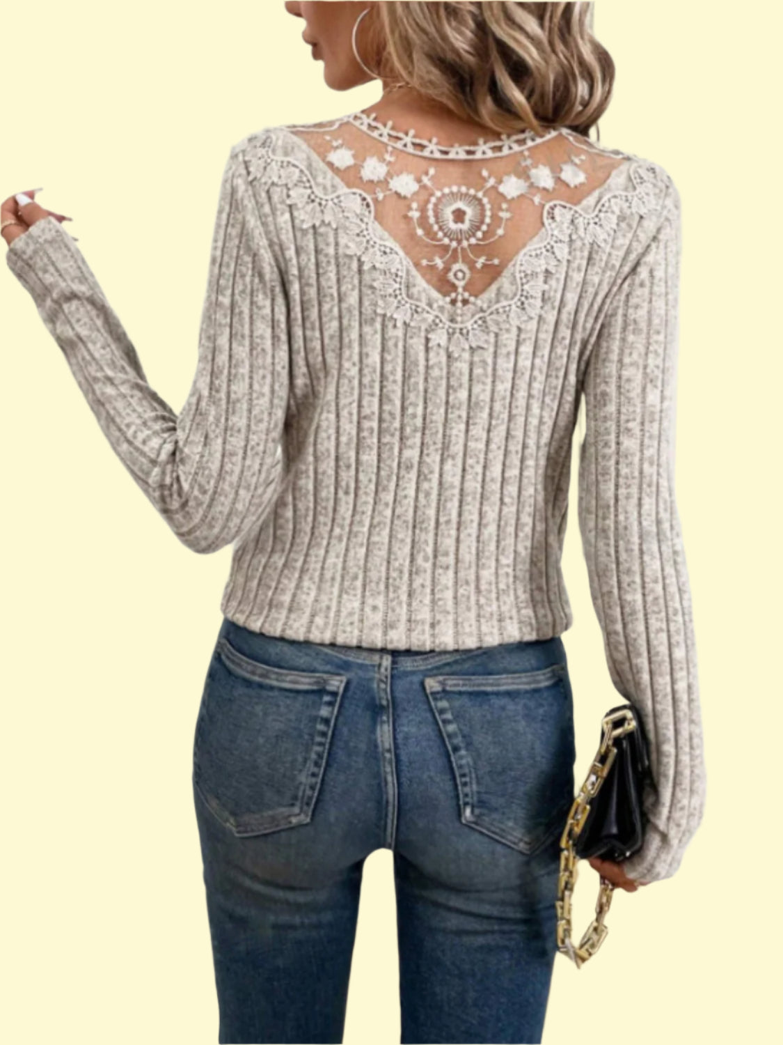 Semi-sheer long sleeve shirt with lace accents