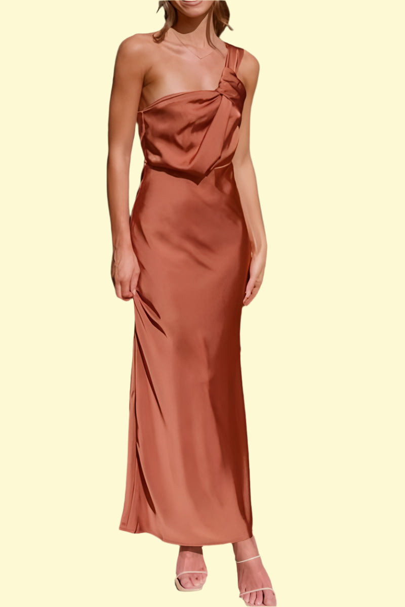 Sexy one-shoulder twisted caramel maxi dress