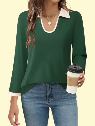 Sultry Contrast Collar Long Sleeve Blouse