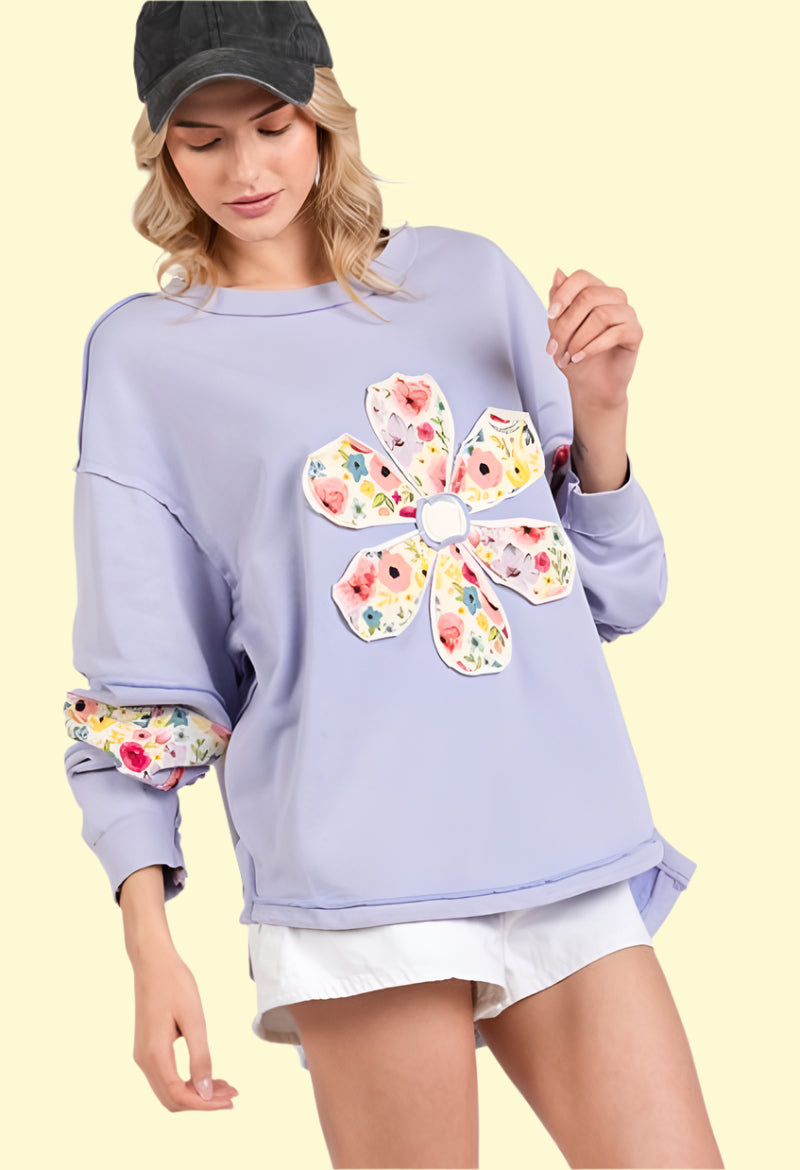 Trendy lavender pullover with daisy patch