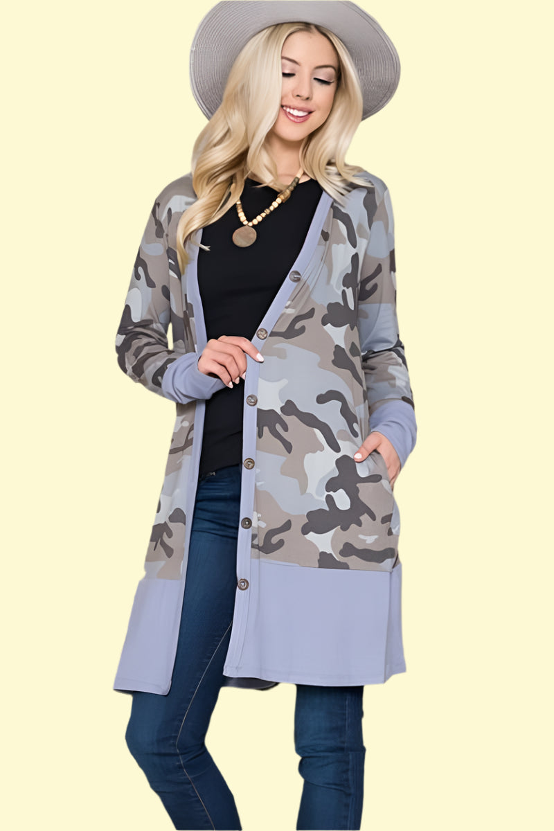 Trendy long sleeve camouflage cardigan