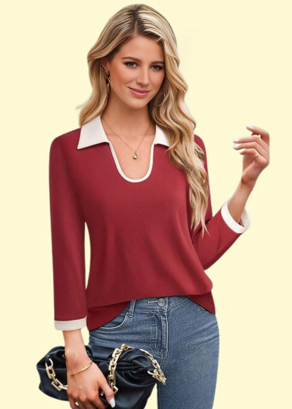 WestCloset Contrast Collar Long Sleeve Top