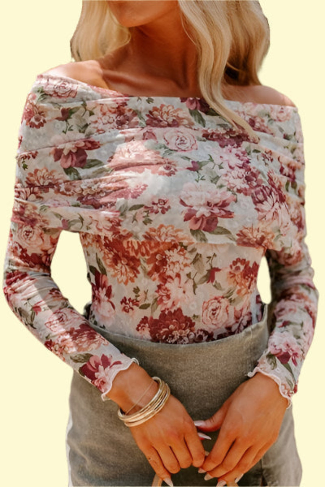 WestCloset Floral Off-Shoulder Long Sleeve Bodysuit