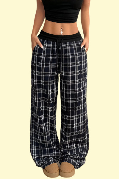 WestCloset Plaid Wide-Leg Pants in Black