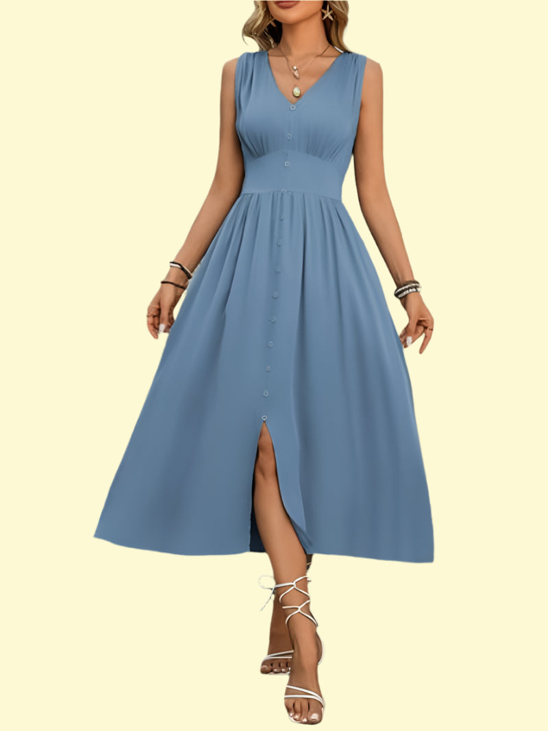 WestCloset Ruched Buttoned Slit Midi Dress