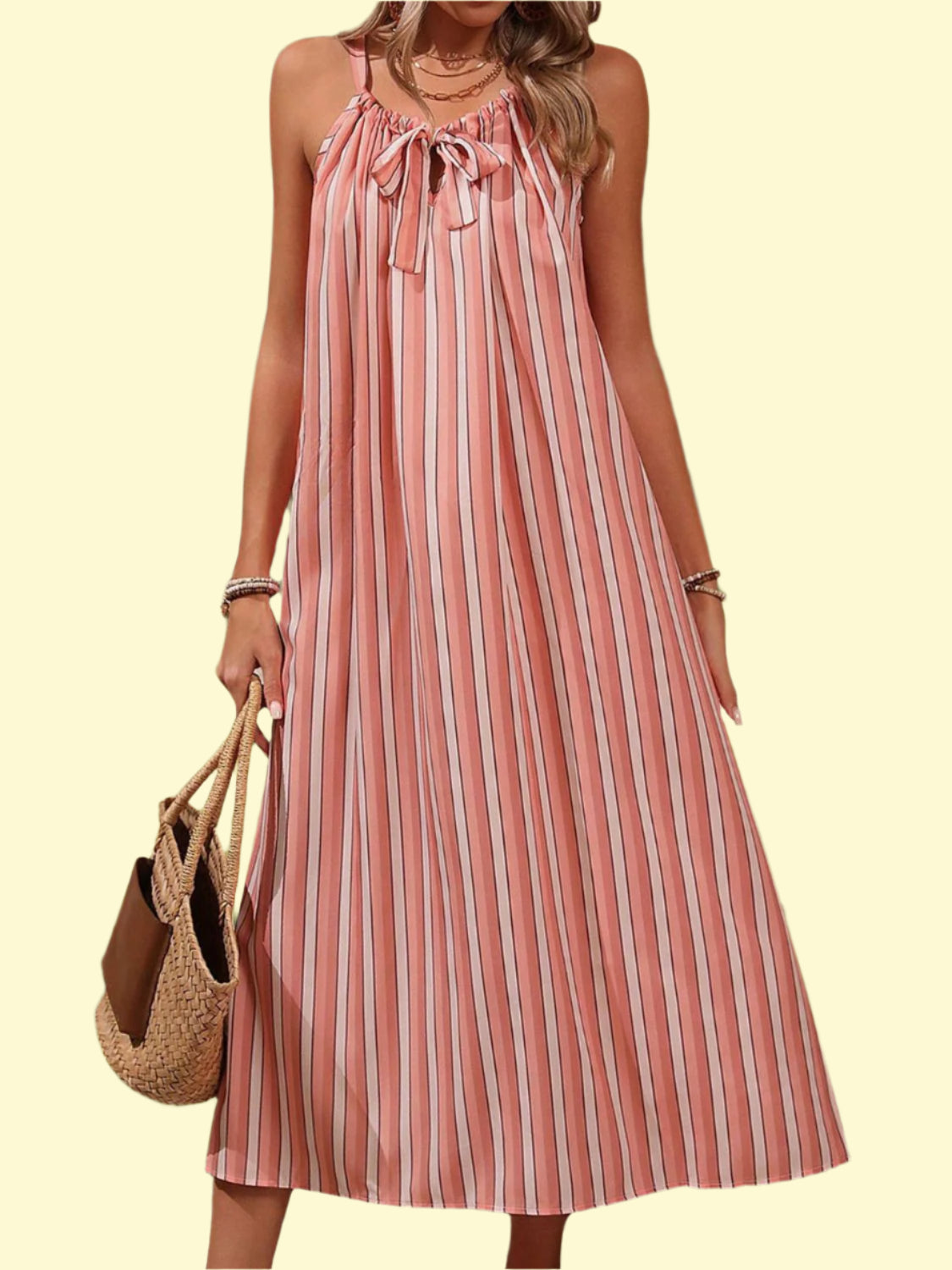 WestCloset Striped Tie-Neck Midi Dress