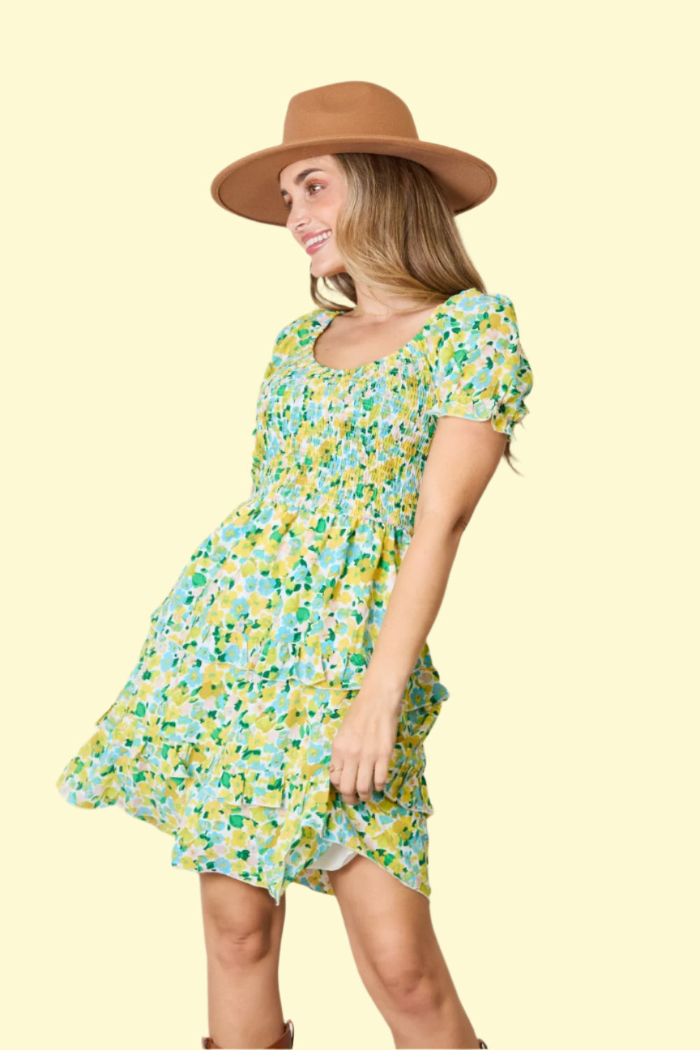 WestCloset flounce sleeve smocked dress in yellow