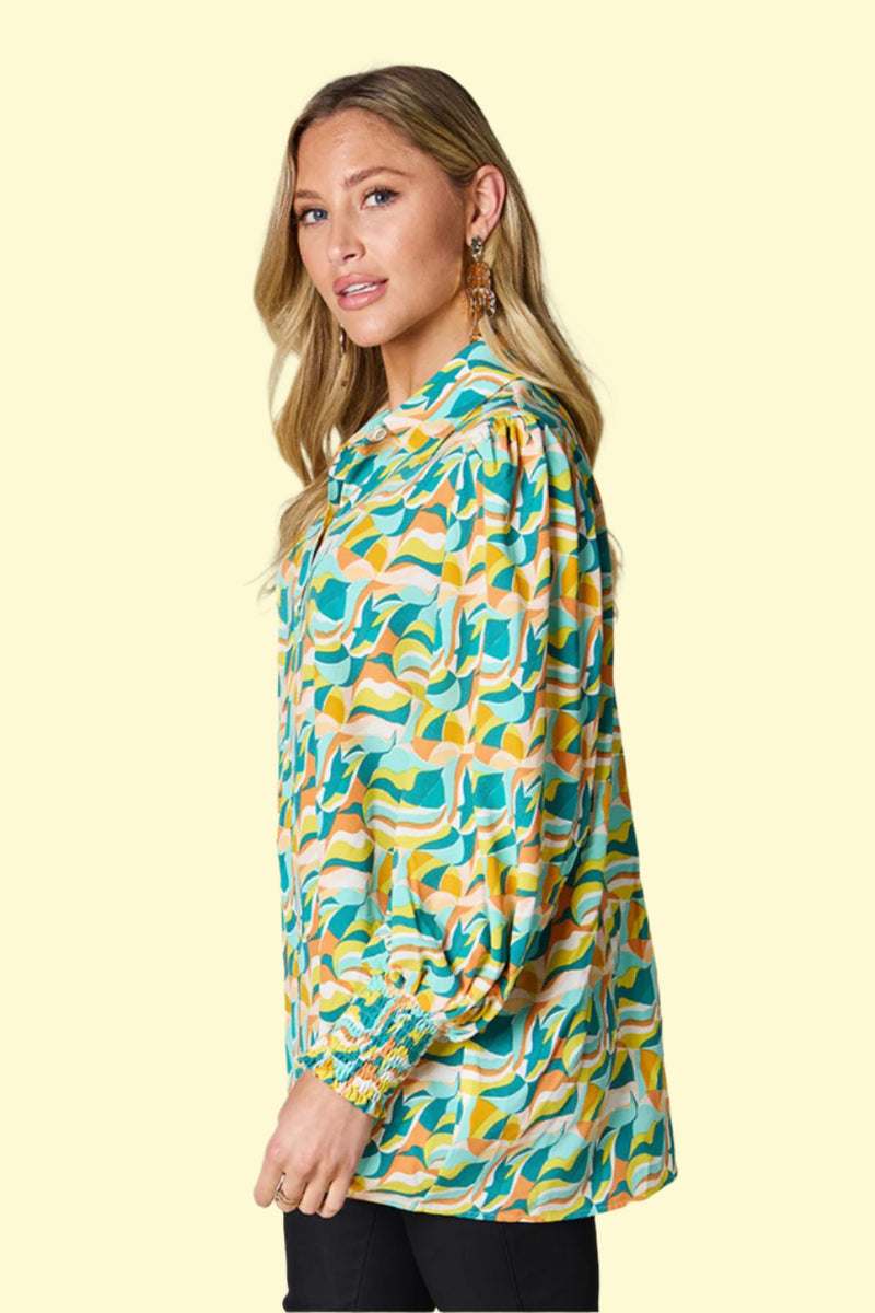 WestCloset printed smocked blouse with long sleeves