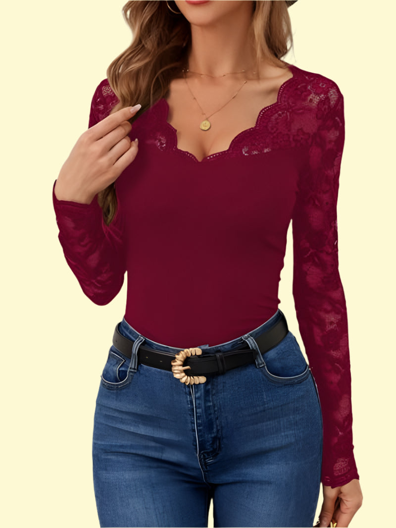 WestCloset seductive sheer lace blouse in burgundy