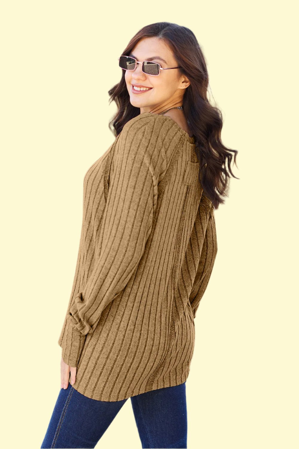 Ribbed Round Neck Long Sleeve Knit Top