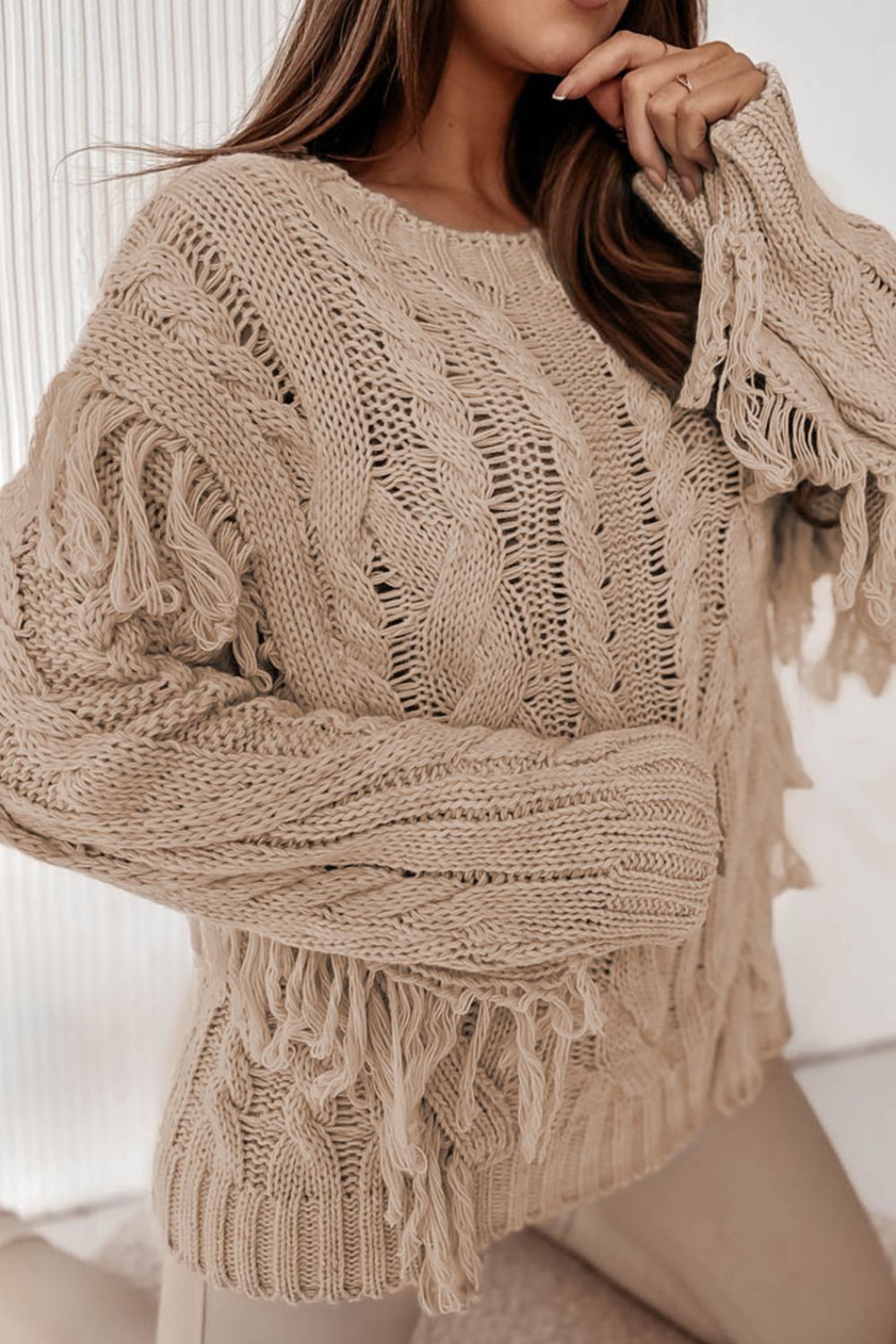 Cable-Knit Fringe Round Neck Sweater