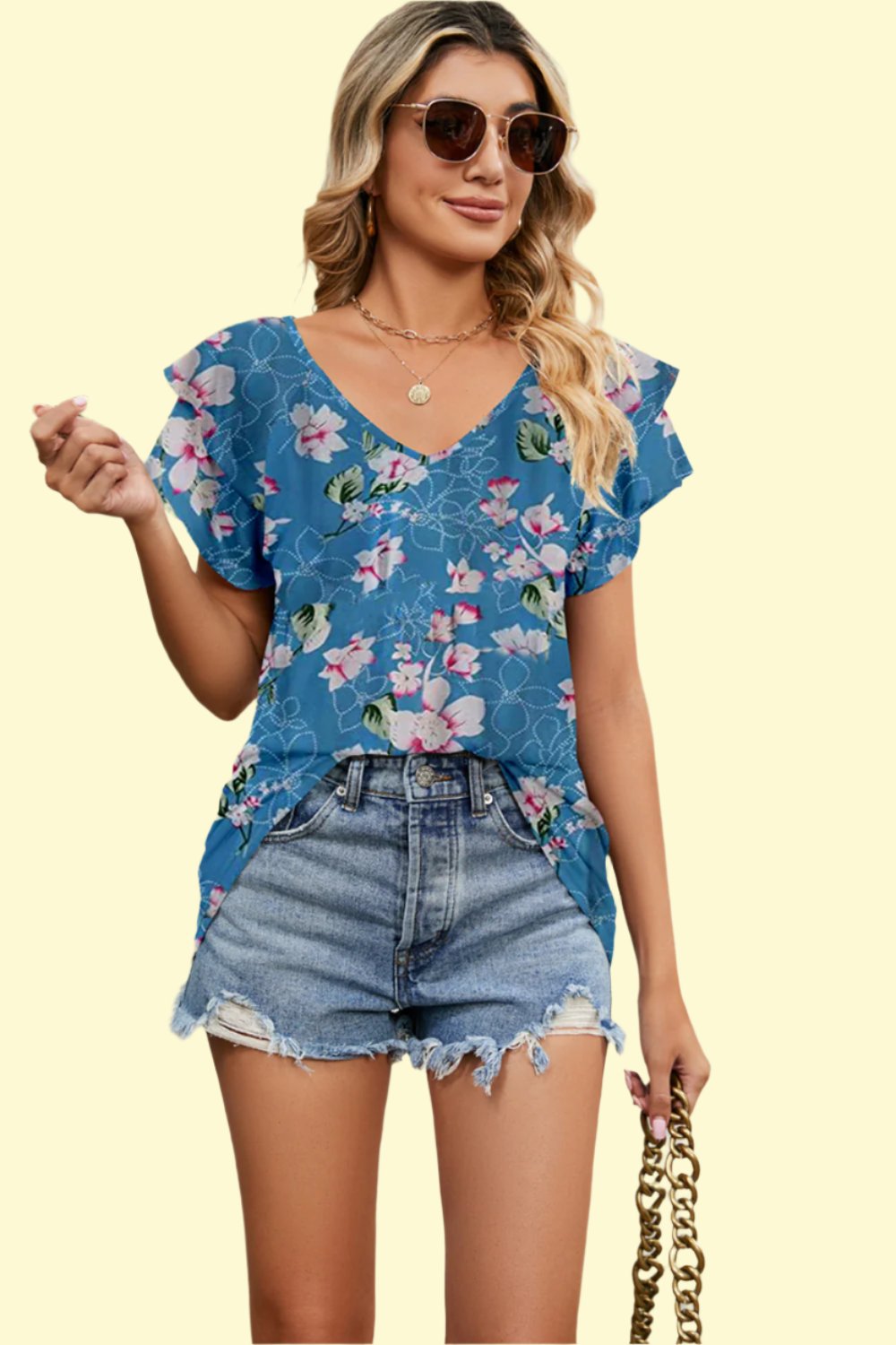 Pastel Blue V-Neck Short Sleeve Blouse