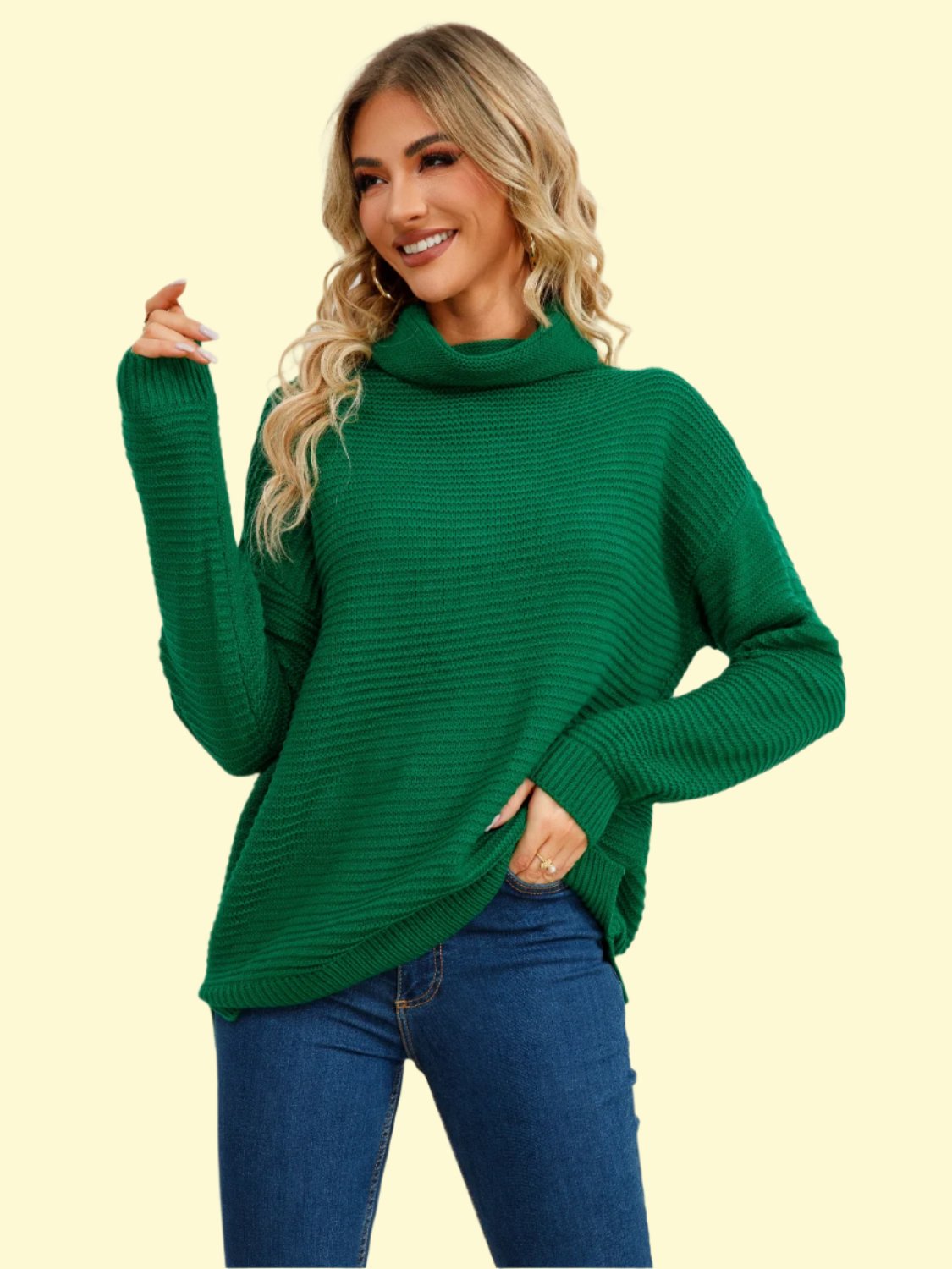 Slit Turtleneck Dropped Shoulder Sweater