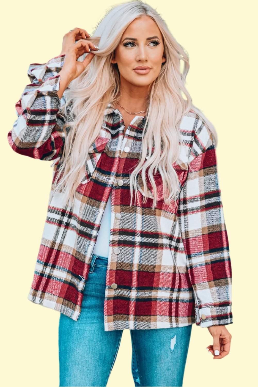 Plaid shirt jacket, styled with jeans