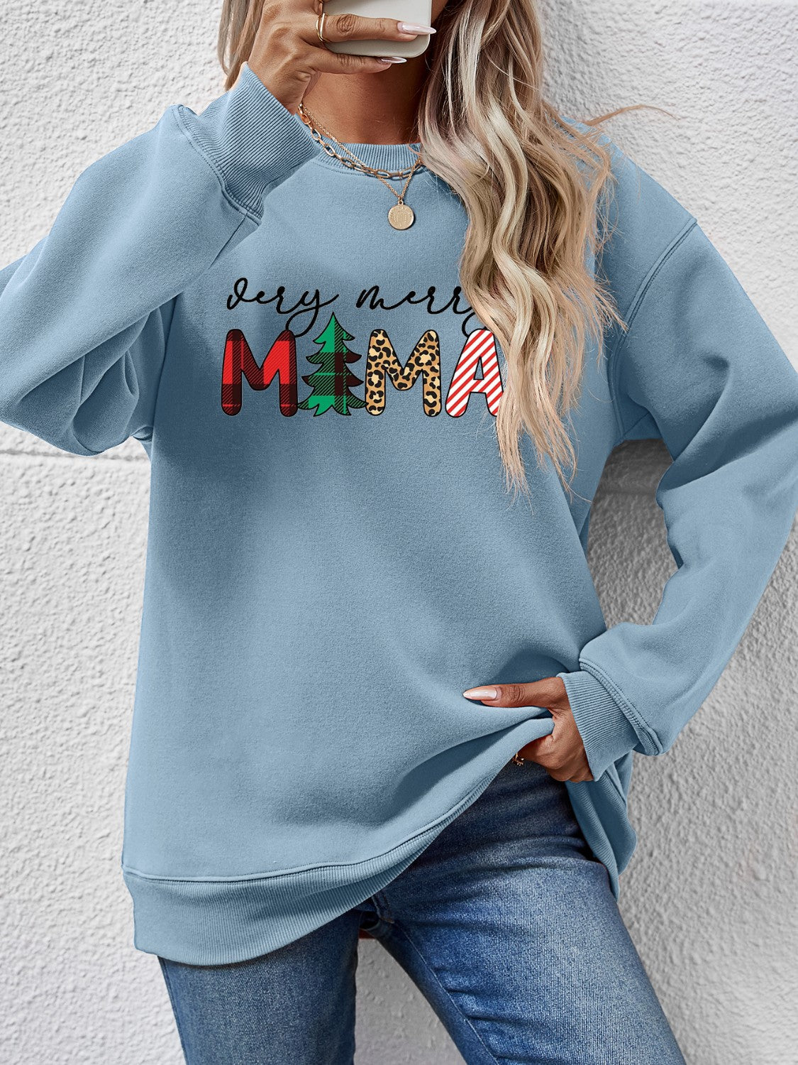 Letter Graphic Round Neck Long Sleeve Sweatshirt